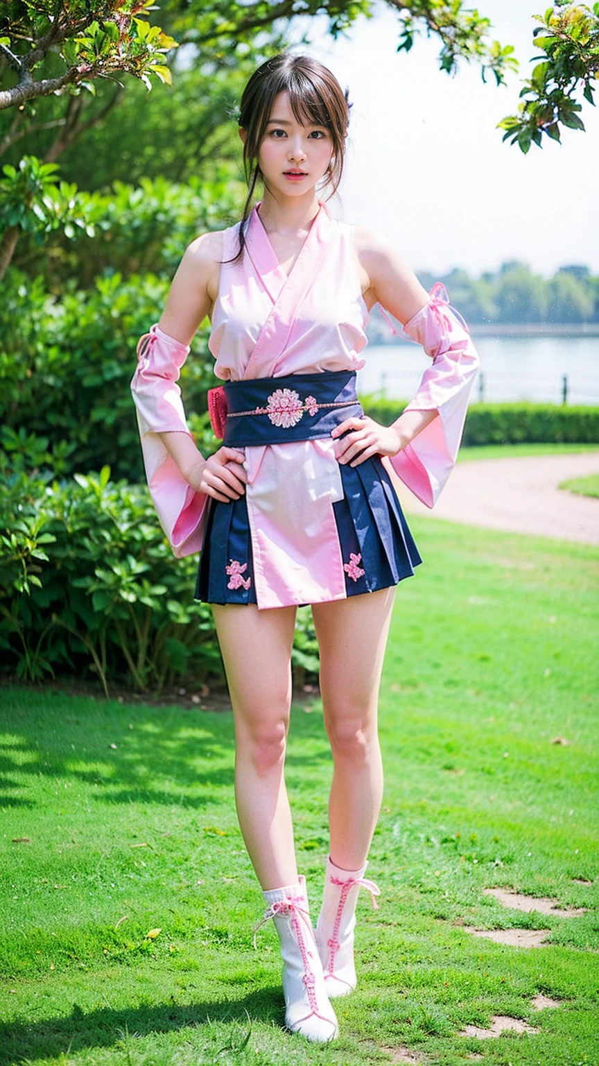 (8k、RAW Photos、Highest quality、masterpiece:1.2)、(Realistic、Realistic)、1 girl、((Long-sleeved kimono、white、pink、navy blue、Shoulder visible、Breast enlargement、boots、ribbon、garden、Thin legs、mini skirt、whole body、View from the front、Looking into the camera、Stand with hands on hips))、cute