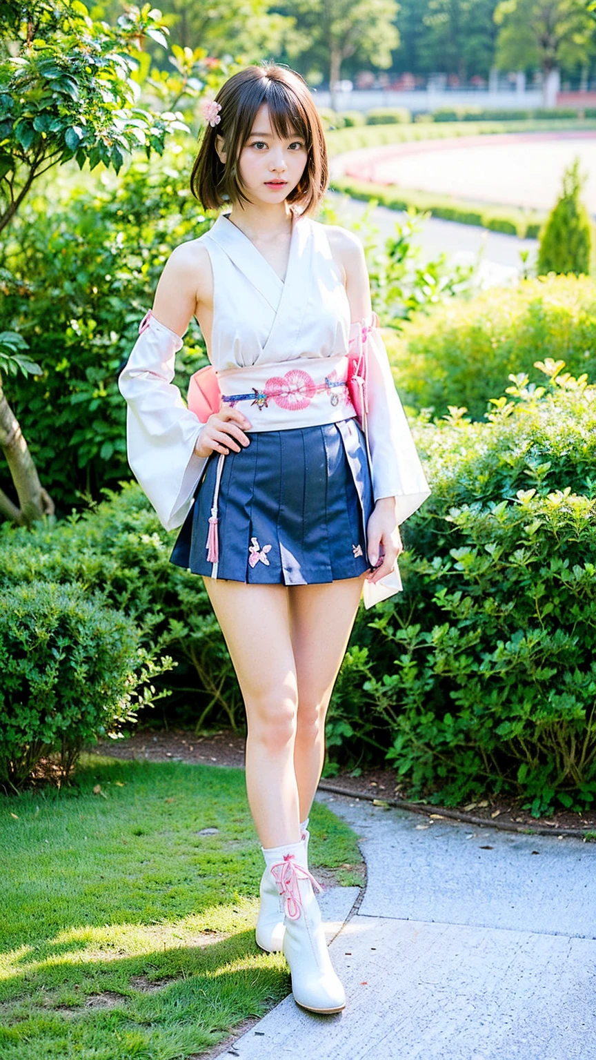 (8k、RAW Photos、Highest quality、masterpiece:1.2)、(Realistic、Realistic)、1 girl、((Long-sleeved kimono、white、pink、navy blue、Shoulder visible、Breast enlargement、boots、ribbon、garden、Thin legs、mini skirt、whole body、View from the front、Looking into the camera、Stand with hands on hips))、cute