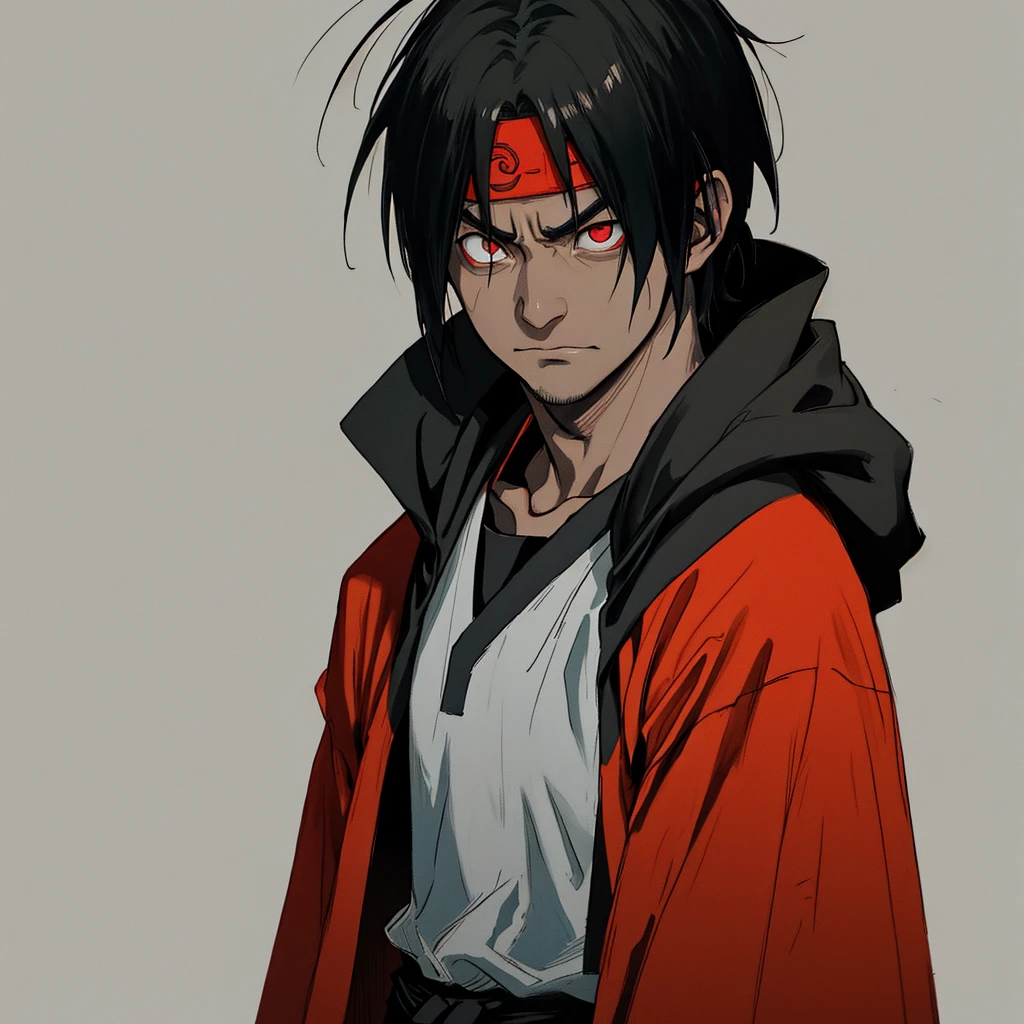 "Create an image of a character of Chavo del ocho , styled as Itachi Uchiha from Naruto. The character should be depicted with a dark, intense aura, wearing a traditional Uchiha cloak. His eyes should reflect a deep, brooding expression, and the background should be ominous and shadowy, emphasizing the character's mysterious and formidable presence. The overall mood should be dark and dramatic."