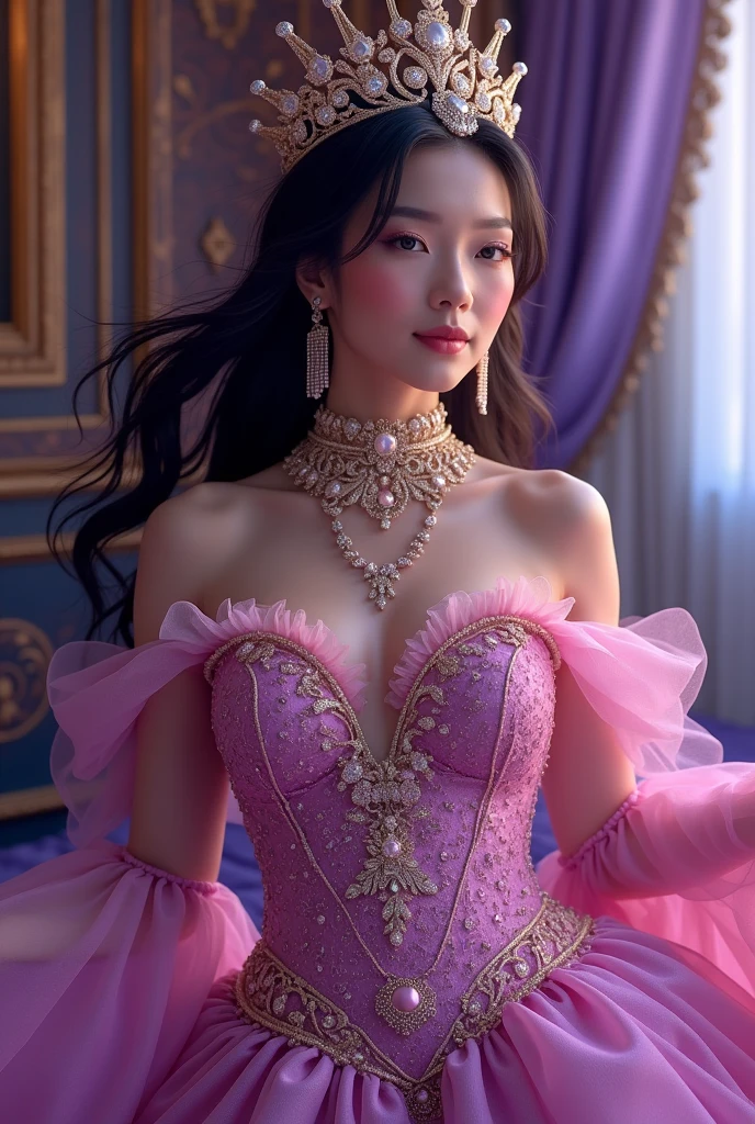 ((Highest quality、Flying debris、8k、Best image quality、Extremely intricate and detailed))、(The most gorgeous high-end prostitute princess:1.1)、(The most gorgeous prostitute princess' finest outfit:1.1)、The most vibrant and luxurious prostitute costumes、(An unimaginably luxurious goddess' room:1.1)、(Sparkly purple and pink princess room:1.1)、The most luxurious purple and pink room、Purple and pink gemstones、A glittering room decorated with many jewels、Night room、Very intricate decoration、A very transparent goddess' room、Perfect Makeup、Long eyelashes、lipstick、Pink Eyeshadow、Perfect Anatomy、Ultra-high definition glossy skin、Ultra-high definition glossy lips、Ultra HD Hair、Ultra high definition beauty face、Ultra-high definition sparkling eyes、Long Hair、(A beautiful, captivating smile staring at me:1.1)
