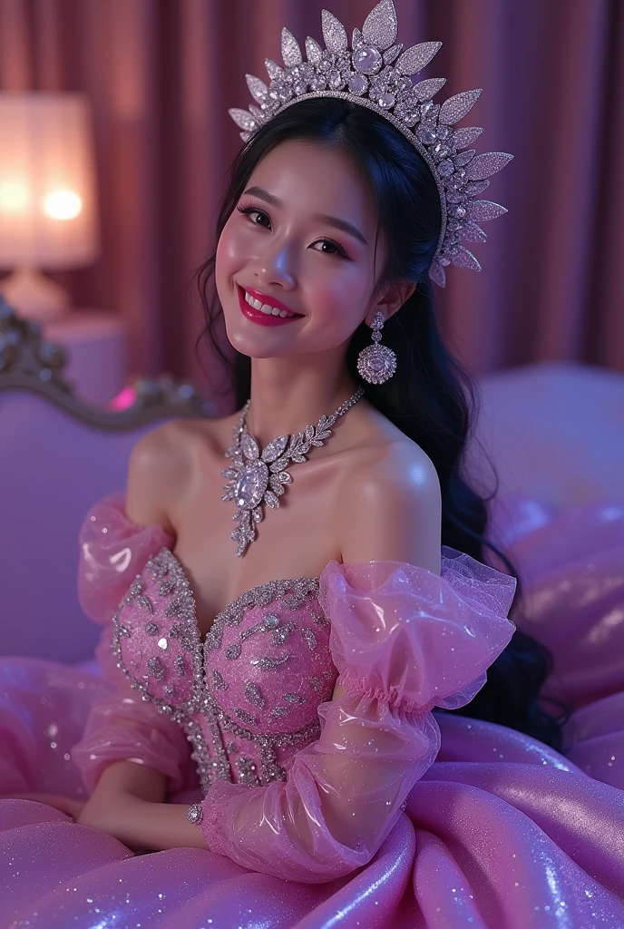 ((Highest quality、Flying debris、8k、Best image quality、Extremely intricate and detailed))、(The most gorgeous high-end prostitute princess:1.1)、(The most gorgeous prostitute princess&#39; finest outfit:1.1)、The most vibrant and luxurious prostitute costumes、(An unimaginably luxurious goddess&#39; room:1.1)、(Sparkly purple and pink princess room:1.1)、The most luxurious purple and pink room、Purple and pink gemstones、A glittering room decorated with many jewels、Night room、Very intricate decoration、A very transparent goddess&#39; room、Perfect Makeup、Long eyelashes、lipstick、Pink Eyeshadow、Perfect Anatomy、Ultra-high definition glossy skin、Ultra-high definition glossy lips、Ultra HD Hair、Ultra high definition beauty face、Ultra-high definition sparkling eyes、Long Hair、(A beautiful, captivating smile staring at me:1.1)