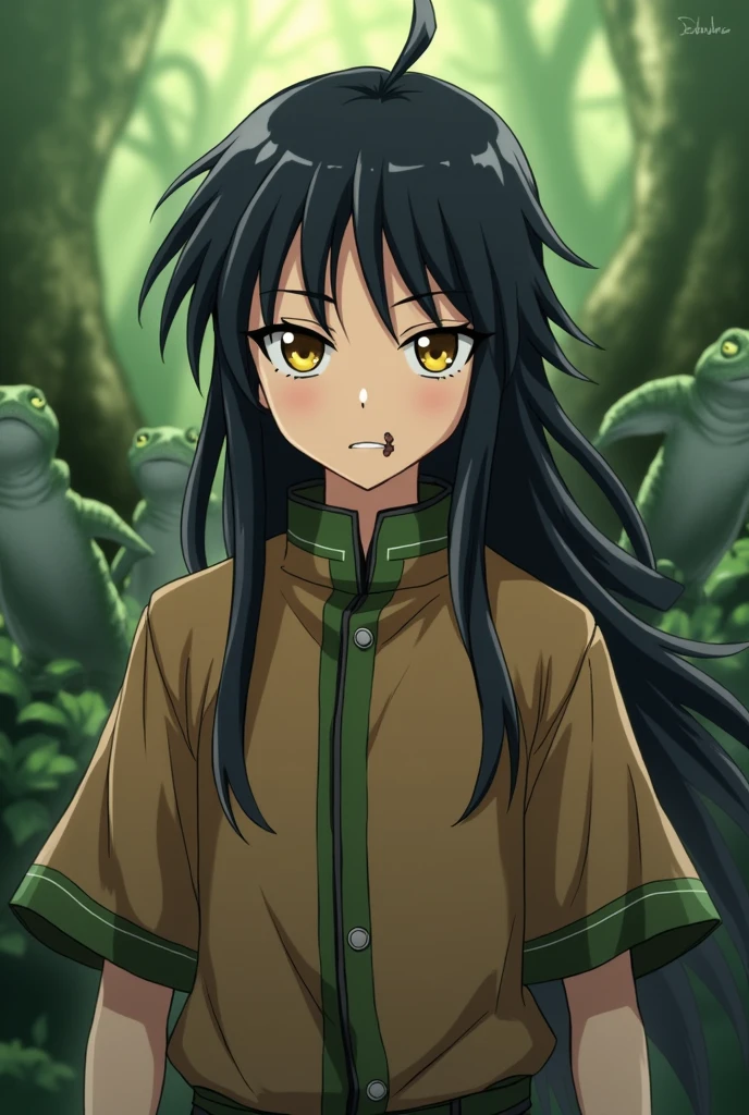 anime, A boy with long black hair, an athletic body, a small scar on his mouth, yellow eyes, wearing a brown tunic with green details, in a forest full of lizards.