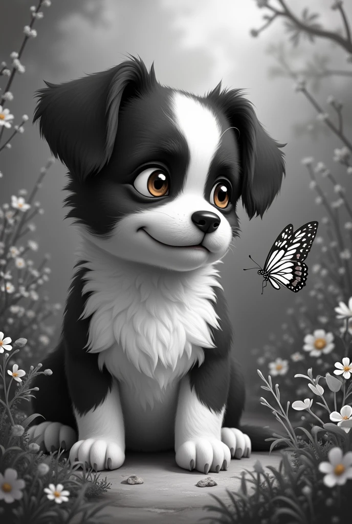 Create a black and white dog, her hairs are: Black head hair around the head and ears and goes up to the eyes and the rest is all white, she has a big white lock on her head. White neck fur and white paws, the middle hair has a large black strand that goes all the way to her tail, but she has a big white lock on one of her thighs all the way down to her paw. She has brown eyes. Ela é de porte pequeno mesmo tendo 5 anos
Faça está cachorra olhando para uma borboleta 🦋
Faça ela em lugar grande com flores e plantas bonitas Um lugar mas grande
