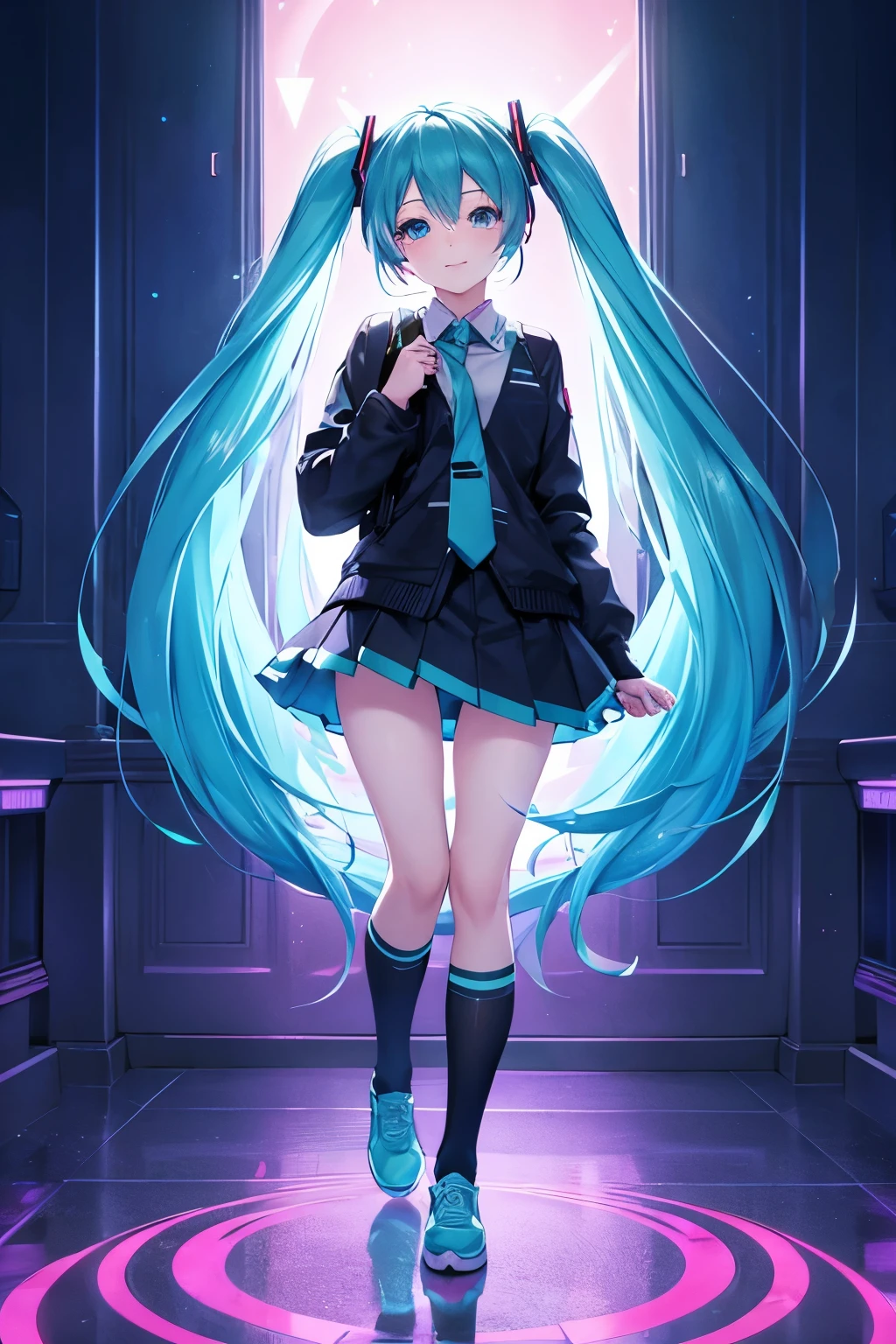 anime girl with long blue hair and a backpack standing in front of a balcony, mikudayo, anime moe artstyle, portrait of hatsune miku, anime girl with teal hair, hatsune miku short hair, anime style 4 k, hatsune miku portrait, hatsune miku, anime art wallpaper 8 k, anime wallpaper 4k, anime wallpaper 4 k, hatsune miku, 1girl, cute anime girl, turquoise blue hair, twin tails, detailed facial features, beautiful detailed eyes, beautiful detailed lips, extremely detailed face, longeyelashes, school uniform, pleated skirt, thigh-high socks, headphones, holding microphone, glowing neon sci-fi background, digital art, 8k, high resolution, photorealistic, cinematic lighting, vibrant colors, intricate details, happy