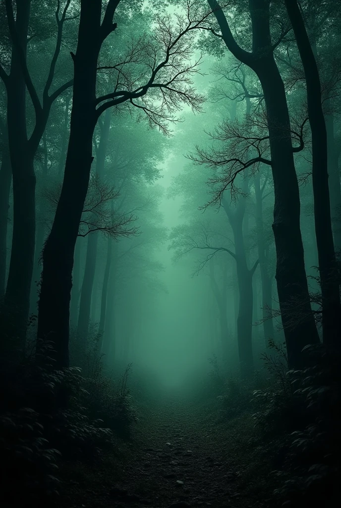 Make me the back of a book cover dark enough with a forest