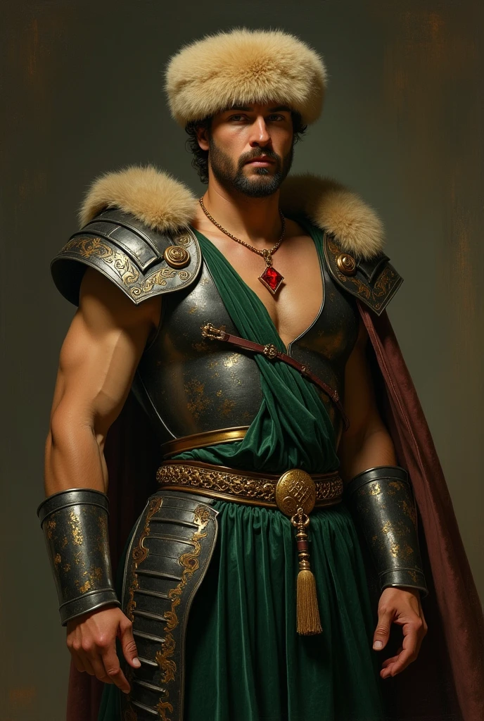 {{Masterpiece, best quality, oil painting, by Franz von Stuck, by James Tissot, by Moebius, male focus, muted colors}}, the composition is: ((((a dramatic half body portrait of a 30 years old ancient Roman soldier, sexy, muscular, magnificent, wearing a beige Russian fur hat, he is wearing a red diamond shape pendant)))). (((((He is wearing a dark green lorica armor made of velvet, crocodile leather, with ronin inspired elements, Slavic inspired elements, wearing a satin sash))))).
