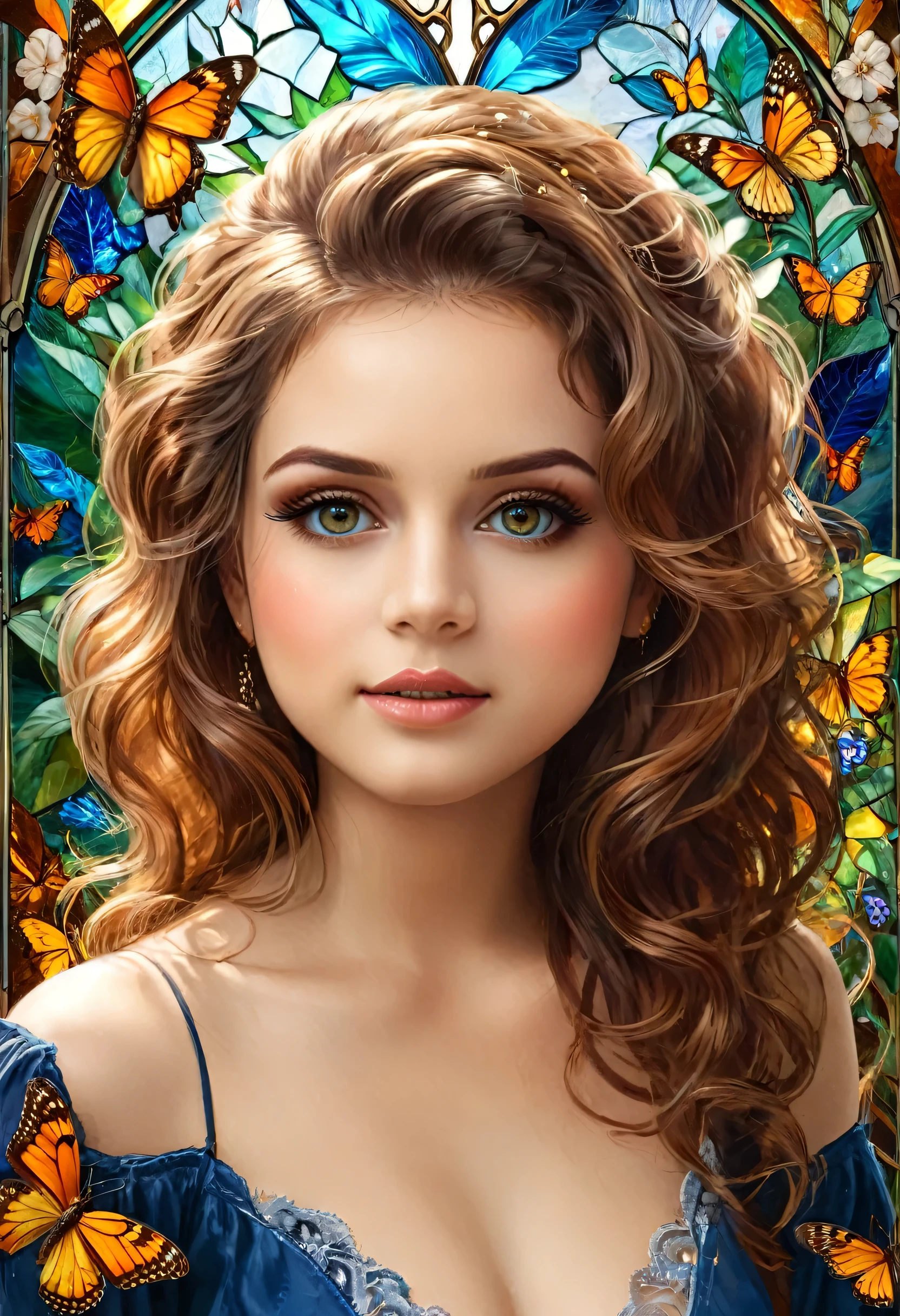 8k portrait of a beautiful and stunning girl, 23 years old, with intricate curly brown hair, detailed and sharp honey colored eyes, eyelashes and eyebrows
detailed and elegant, highly detailed, majestic, digital photography, artgerm art surreal painting golden butterfly filigree, broken colored stained glass, (masterpiece, side lighting, beautiful finely detailed eyes: 1.2), hdr, (detailed background window for a new dimension, plants and flowers: 0.7) infinity, infinity symbol.