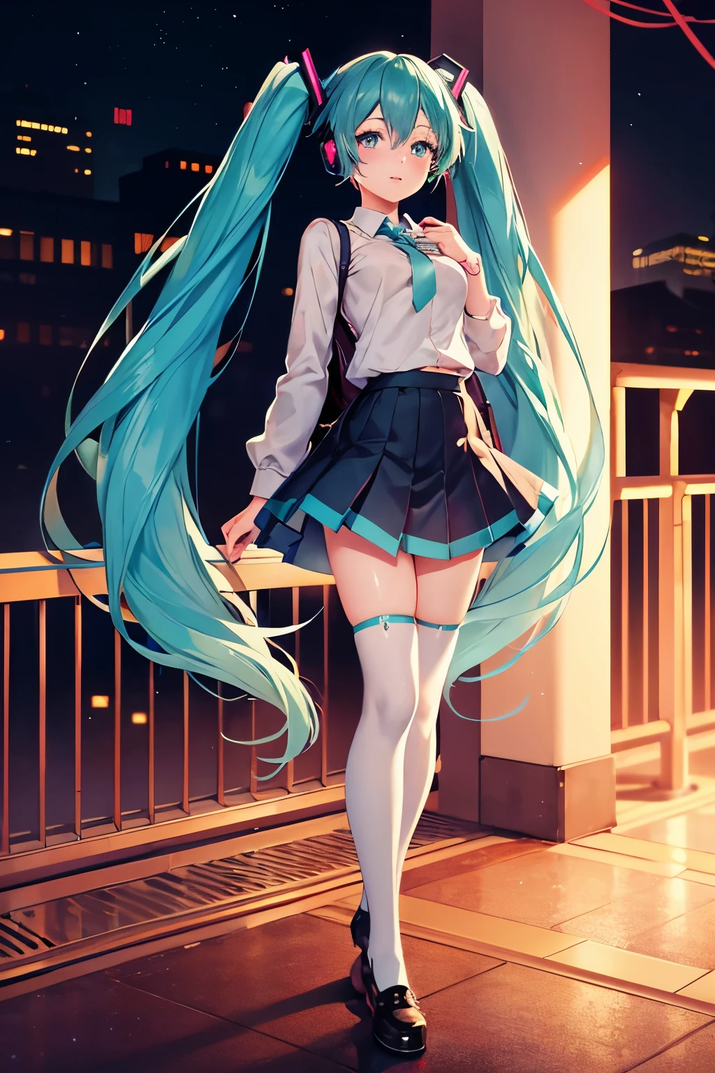 anime girl with long blue hair and a backpack standing in front of a balcony, mikudayo, anime moe artstyle, portrait of hatsune miku, anime girl with teal hair, hatsune miku short hair, anime style 4 k, hatsune miku portrait, hatsune miku, anime art wallpaper 8 k, anime wallpaper 4k, anime wallpaper 4 k, hatsune miku, 1girl, cute anime girl, turquoise blue hair, twin tails, detailed facial features, beautiful detailed eyes, beautiful detailed lips, extremely detailed face, longeyelashes, school uniform, pleated skirt, thigh-high socks, headphones, holding microphone, glowing neon sci-fi background, digital art, 8k, high resolution, photorealistic, cinematic lighting, vibrant colors, intricate details, happy
