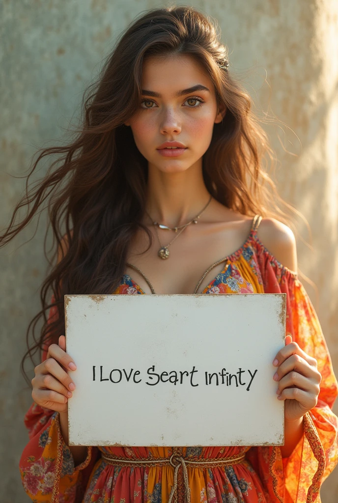 Beautiful girl with wavy long hair, bohemian dress, holding a white board with text "I Love Seaart Infinity" and showing it to the viewer