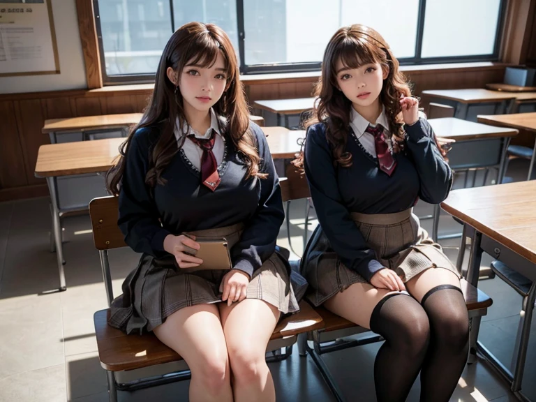 Highly detailed intricate 3D rendering of a face、(masterpiece、Highest quality、Octane Rendering, 8k , 2 girls, school uniform, seifuku, Long brown curly bangs, Classroom scene, Crowded people々, Sitting, Big Hips, Thick thighs, View mobile phones, Give the image a soft focus,