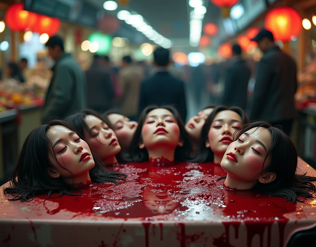 Horror, crazzy, Several decapitated heads of young woman, on a table, in a public market, full of blood, blood flowing, ((eyes closed)), bleeding, photorealistic, 4K, Nikon, horror, public market, beautiful asian face, realistic, hyper realistic