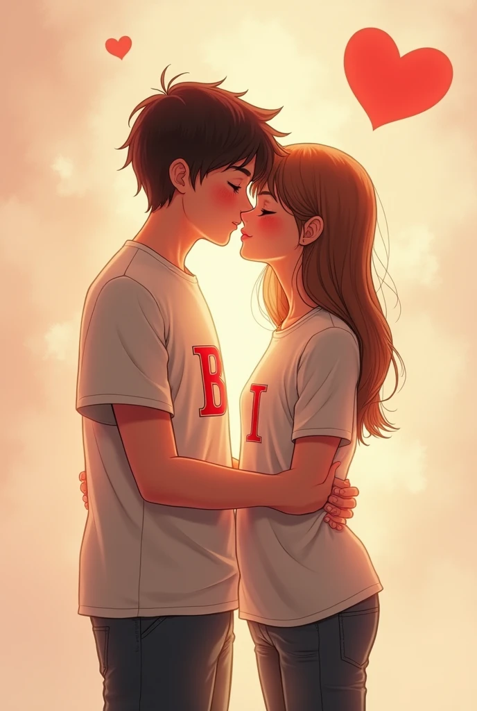 Girl and boy close and kiss together and girl wear t shirt printed letter B and boy wear t shirt printed letter I. Letters must need to view. Love heart must need to view.