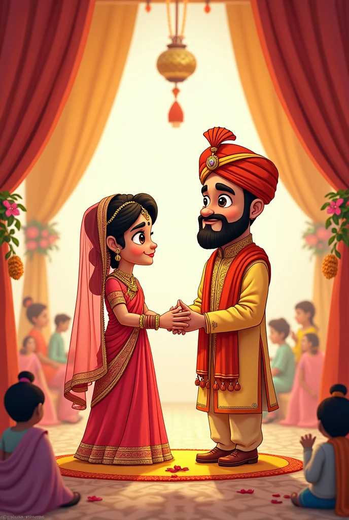 Bride and groom with beard
Doing mandap muhrat
Marriage Indian ritual
Cartoon
