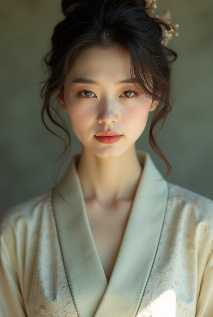 An elegantly dressed Japanese woman in natural light、A close-up of her chest and calm expression.、It shows her inner peace and outer charm.。