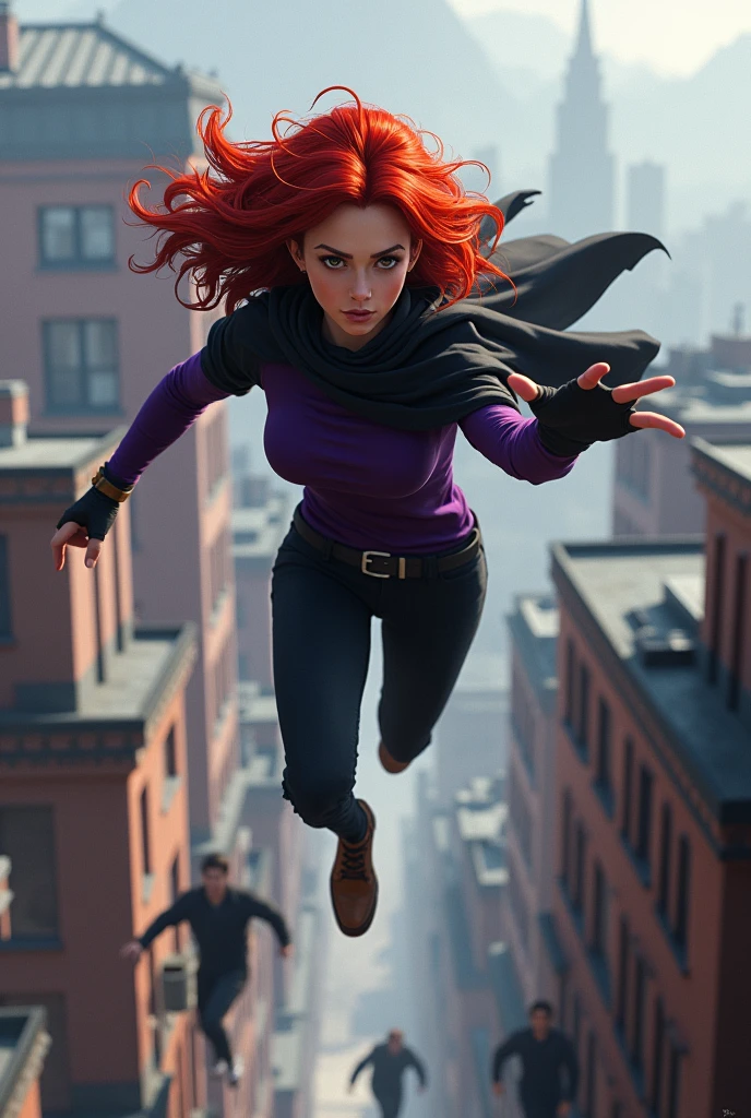 A red haired young lady dressed in a long purple sleeve, black pants, brown shoes and black cloak, jumped from a rooftop to another as she was chased by three mean group of men