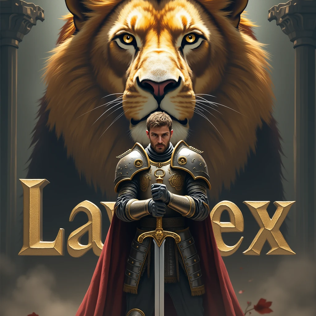 Royal Man with sword and the background is lion with text named Lawrex