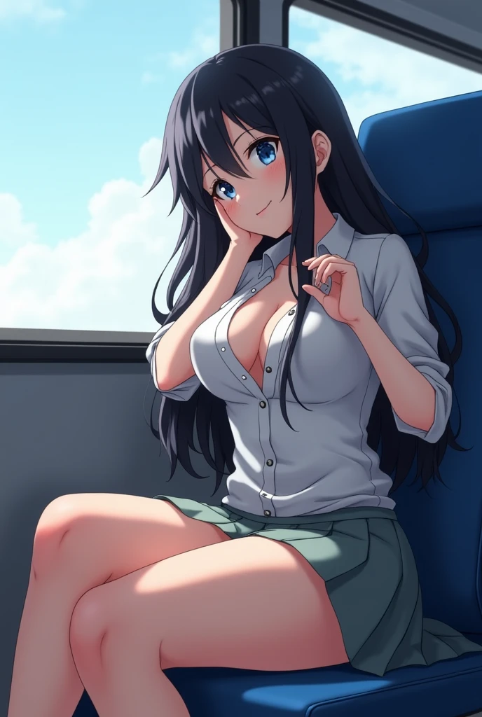 anime woman with long black hair and blue eyes, with a small shirt and a slightly short skirt, big thighs and big breasts, a low-cut top on her shirt sitting next to me on the bus seat with one hand between her legs and the other fixing her hair smiling with her eyes closed at me