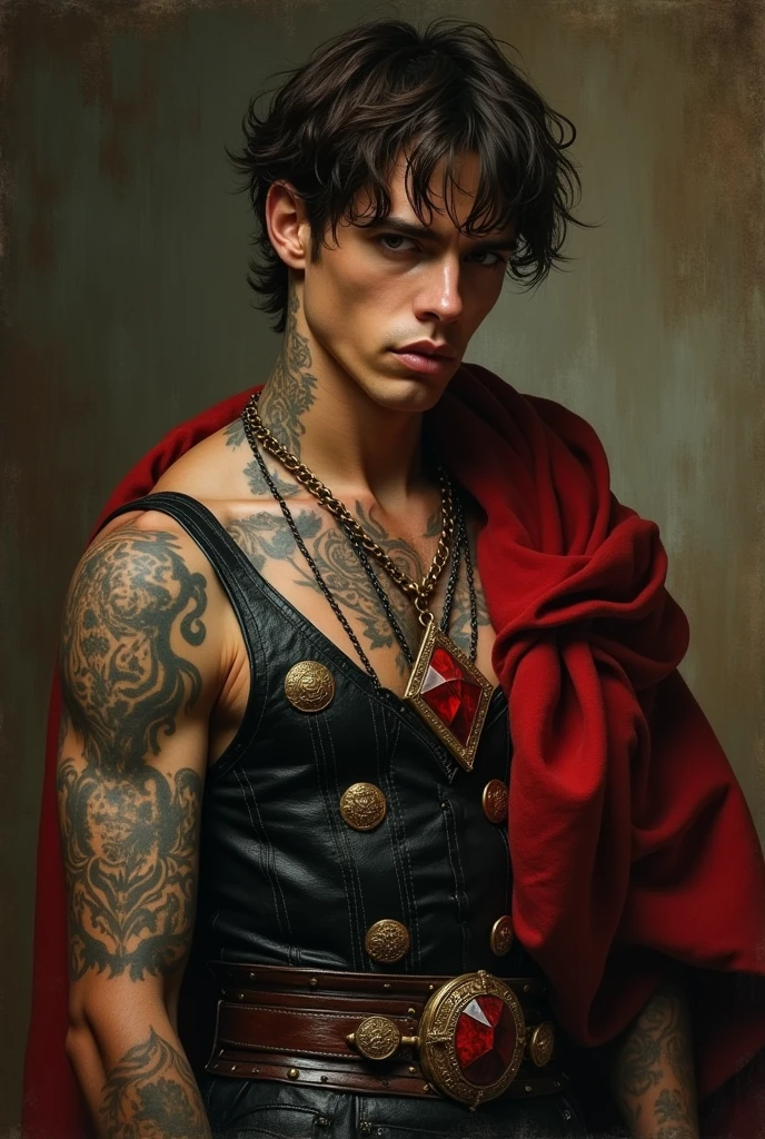 {{Masterpiece, best quality, oil painting, by Franz von Stuck, by James Tissot, male focus, muted colors}}, the composition is: (((((very dramatic half body portrait of a pensive 30 year old battlemage, sexy, brown skin, tan, confident, magnificent, tattooed, disheveled brown hair. Tattoos, His face is tattooed))))). ((((He is wearing a silken, black and red ancient Roman guard armor with ronin inspired elements, made of crocodile leather, with tortoise shell elements, he is wearing a red diamond shape pendant, and a golden moth badge)))).