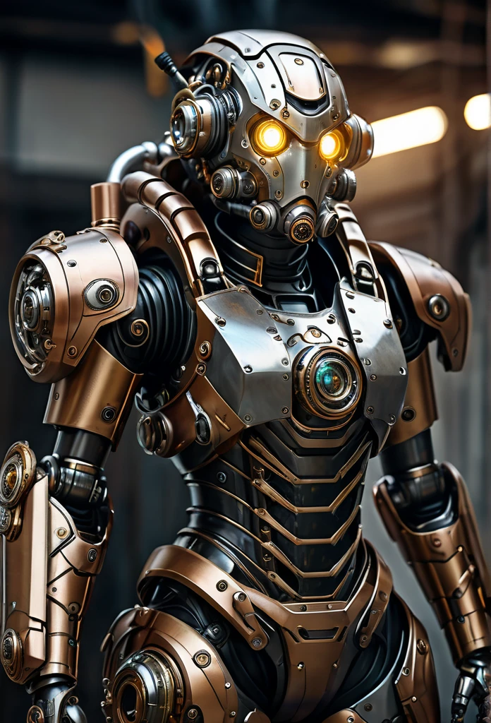 Cyborg, Robot in steampunk era, Power Armor, Tactical, Advanced Gear, Power Suit, Exoskeleton, Advanced Gear , Futuristic, horror, intricate details, (Artstation:1.1), (intricate:1.1), (great eye detail:0.7), solo, female, looking at viewer, photorealistic, 8k, unreal engine, half body portrait, highly detailed,
