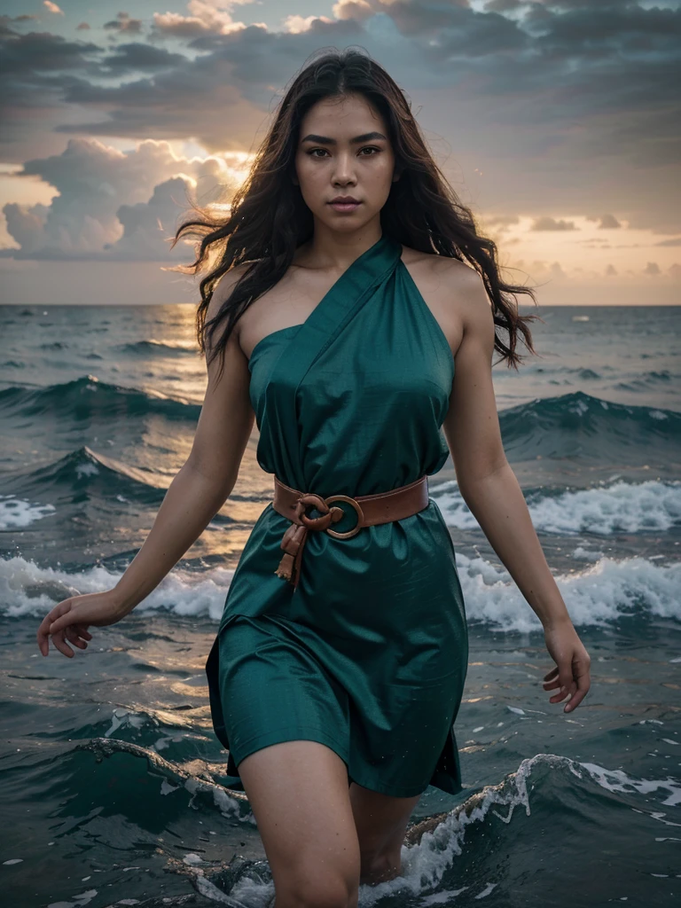 a solo gigantic traditional Thai female giant, walking in the sea, dress in Thai ancient green sash, big gold belt, half of her body up from the ocean surface, beautiful detailed eyes, beautiful detailed lips, extremely detailed face, long eyelashes, extremely detailed anatomy, hyper realistic, 8k, photorealistic, cinematic lighting, dramatic lighting, volumetric fog, atmospheric, moody colors, vibrant colors, saturated colors, beautiful ocean landscape, waves, water splashing, dramatic sky, epic, cinematic, dramatic composition