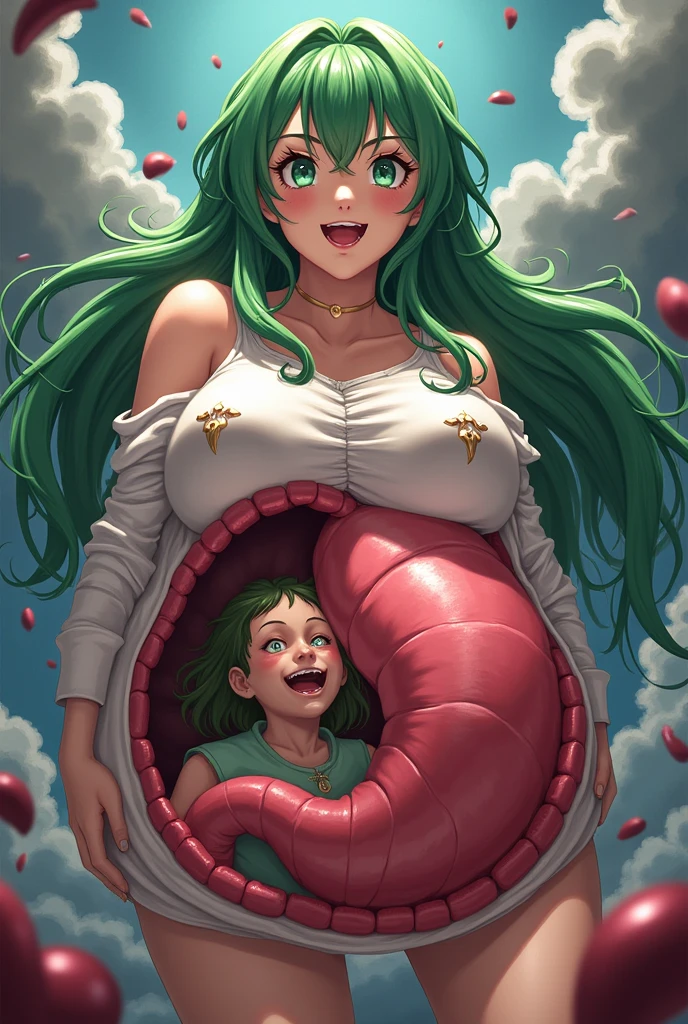 A tentacle man holding four tits behind his back Tentacle Maiden, slime, goddess, royal sister, parasitic devouring, mucus, nausea, blushing and shy, big breasts, pregnant, tall giantess, giantess standing by the city tall building, giant giantess, huge sense of oppression, towering giantess, terrifying and beautiful