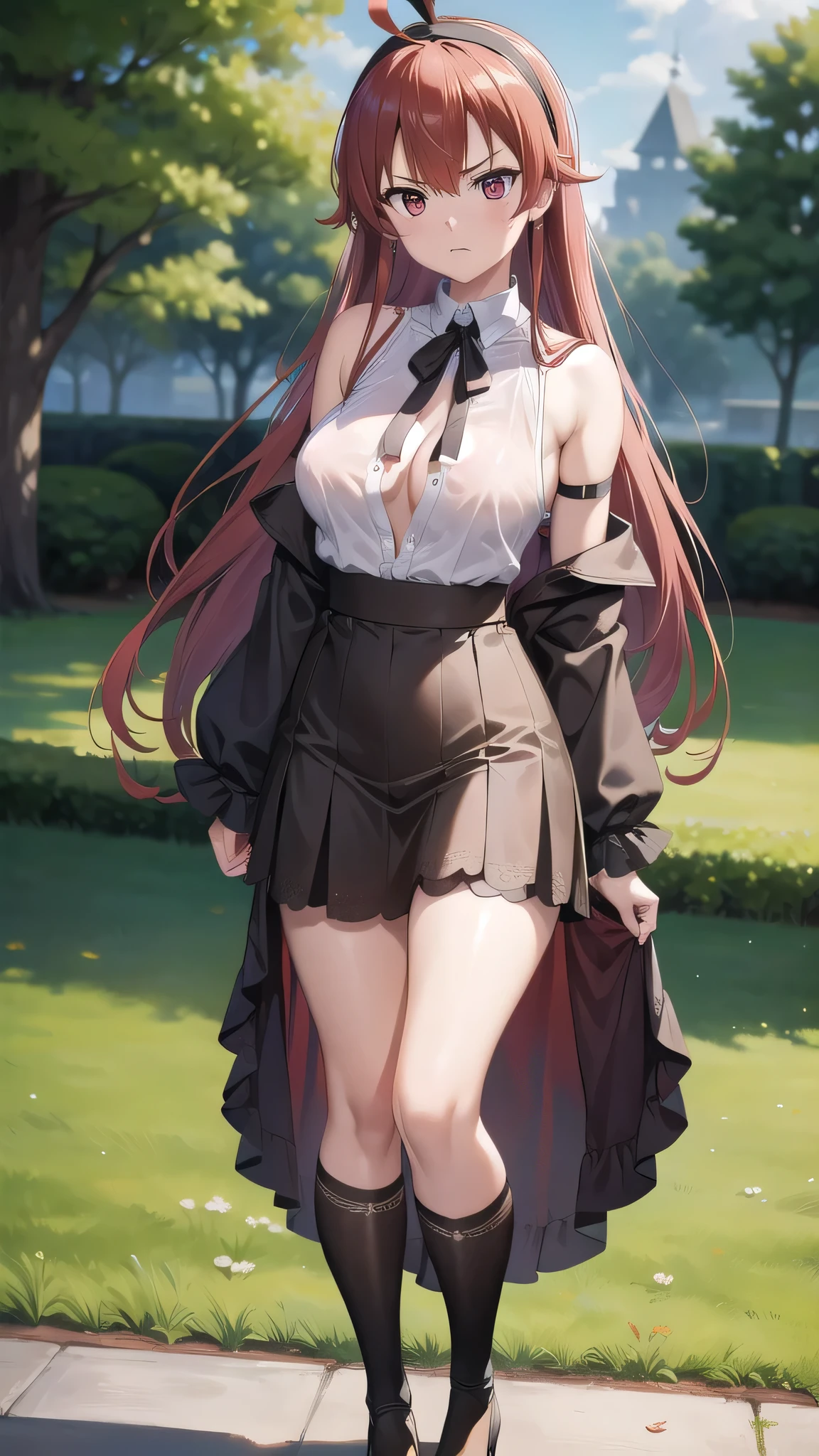 BREAK looking at viewer, BREAK (masterpiece:1.2), best quality, high resolution, unity 8k wallpaper, (illustration:0.8), (beautiful detailed eyes:1.6), extremely detailed face, perfect lighting, extremely detailed CG, (perfect hands, perfect anatomy),outdoor,castle,in middle,road,mansion,nature,eris greyrat, ahoge, hair between eyes, long hair, (red eyes:1.5), red hair, sidelocks, (medium breast:1.2),bare arms, bare shoulders, black hairband, black ribbon, brown skirt, hairband, long sleeves, neck ribbon, pantyhose, ribbon,shoulder cutout, skirt,stockings,cleavege,neckline,nipples see through,nipples,unbuttoned shirt,open shirt,full body,angry face,shy face,showing legs,showing feet,showing bra,showing breasts,showing panties,