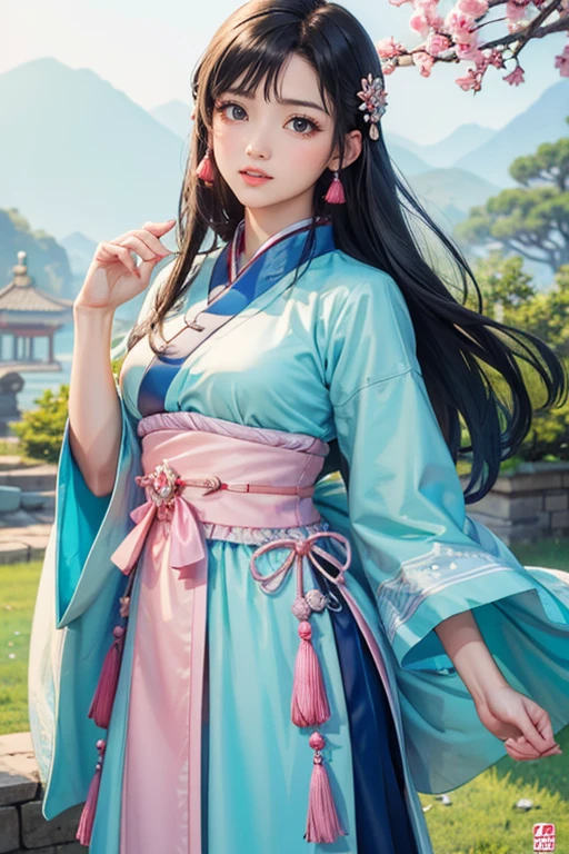 (Highest quality、 8k 、masterpiece、High resolution)、(Chinese Drama、Changgexing、Li Changge、Dililaba)、Tang Dynasty、Changan、1 Female、Beautiful young person、blue eyes、Pretty lips、Light colored long hair、Light pink Hanfu、古いChanganの街並み、Official Art、Detailed CG、