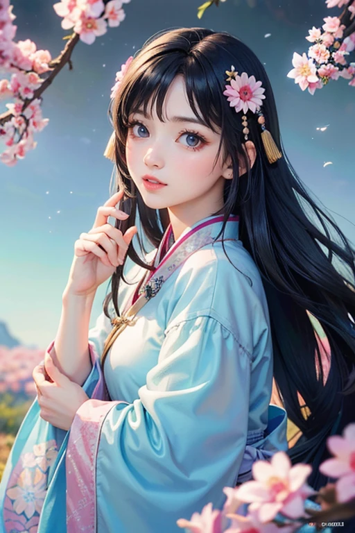 (Highest quality、 8k 、masterpiece、High resolution)、(Chinese Drama、Changgexing、Li Changge、Dililaba)、Tang Dynasty、Changan、1 Female、Beautiful young person、blue eyes、Pretty lips、Light colored long hair、Light pink Hanfu、古いChanganの街並み、Official Art、Detailed CG、