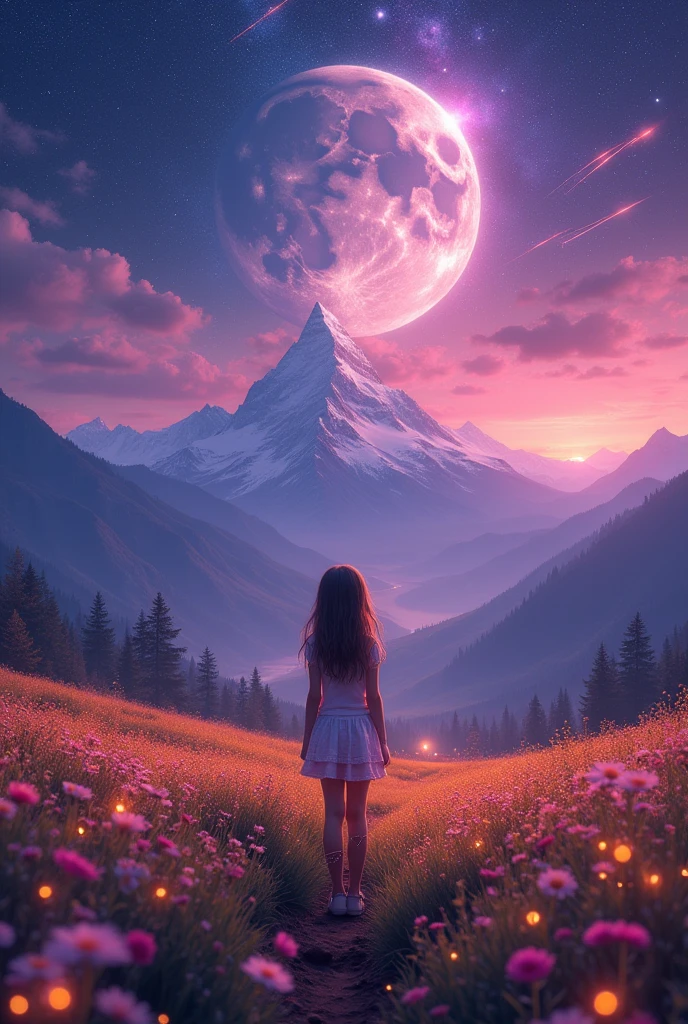 Vast landscape photography , (A view from below, with the sky above and the wide fields below), A girl standing in a flower field looking up, (full moon:1.2), ( shooting star:0.9), (nebula:1.3), Distant Mountain, Treebreak Production Art, (Warm light source:1.2), (fire Fly:1.2), lamp, Lots of purple and orange, Intricate details, Volumetric lighting, Realism Break (masterpiece:1.2), (highest quality), 4K, Super detailed, (Dynamic configuration:1.4), Very detailed, Colorful details,( Rainbow-colored:1.2), (Shining Lights, Atmospheric lighting), dream-like, Magic, (alone:1.2), Detailed girl face