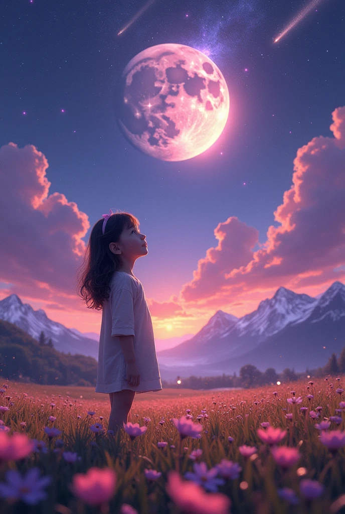 Vast landscape photography , (A view from below, with the sky above and the wide fields below), A girl standing in a flower field looking up, (full moon:1.2), ( shooting star:0.9), (nebula:1.3), Distant Mountain, Treebreak Production Art, (Warm light source:1.2), (fire Fly:1.2), lamp, Lots of purple and orange, Intricate details, Volumetric lighting, Realism Break (masterpiece:1.2), (highest quality), 4K, Super detailed, (Dynamic configuration:1.4), Very detailed, Colorful details,( Rainbow-colored:1.2), (Shining Lights, Atmospheric lighting), dream-like, Magic, (alone:1.2), Detailed girl face