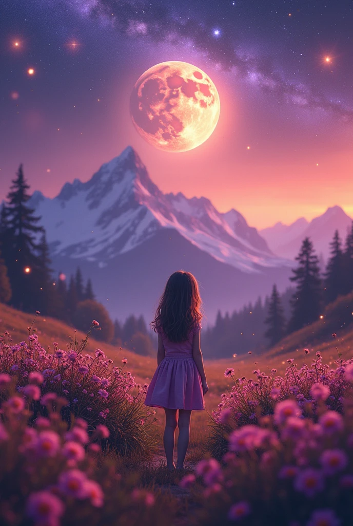 Vast landscape photography , (A view from below, with the sky above and the wide fields below), A girl standing in a flower field looking up, (full moon:1.2), ( shooting star:0.9), (nebula:1.3), Distant Mountain, Treebreak Production Art, (Warm light source:1.2), (fire Fly:1.2), lamp, Lots of purple and orange, Intricate details, Volumetric lighting, Realism Break (masterpiece:1.2), (highest quality), 4K, Super detailed, (Dynamic configuration:1.4), Very detailed, Colorful details,( Rainbow-colored:1.2), (Shining Lights, Atmospheric lighting), dream-like, Magic, (alone:1.2), Detailed girl face