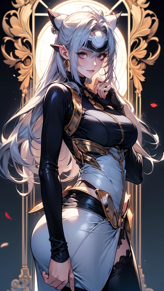 (masterpiece: 1.2), (best quality: 1.2) 1 woman, mature, tall (1.85), appeared to be around 25 years old, had silver (light) hair, straight and shiny hair, tied up in samurai bun, bangs, silver eyes like the purest silver, extremely detailed eyes, perfect eyes, extremely realistic eyes, well-lined eyes, long eyelashes, anime style, perfect face, milf face, sculpted chin, ultra feminine chin, lips fleshy, smiling, mature, fair skin, natural body, sexy body, milf body, both hands on her waist, perfect hands, detailed hands, hands well proportioned to the body, realistic hands, arms with good anatomy, she only wore a jacket black leather with long sleeves, white blouse under the jacket that still couldn't hide her extremely large and enormous breasts that hung down due to her size, muscular abdomen, well-defined six-pack, black leather pants with blue details on the legs, ankle boots brown high tops, thick thighs, curvy ass, wide hips, looking at viewer, backdrop on top of a European style castle, posing standing, straight waist, alone, looking at viewer