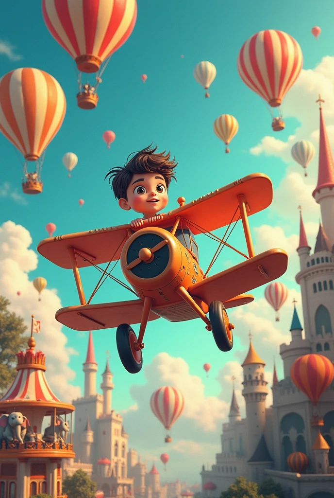 A vertical jigsaw puzzle of a boy flying an airplane in the sky, surrounded by colorful hot air balloons and floating castles, with elephants riding carousels below. Bright colors, in the style of digital art.
