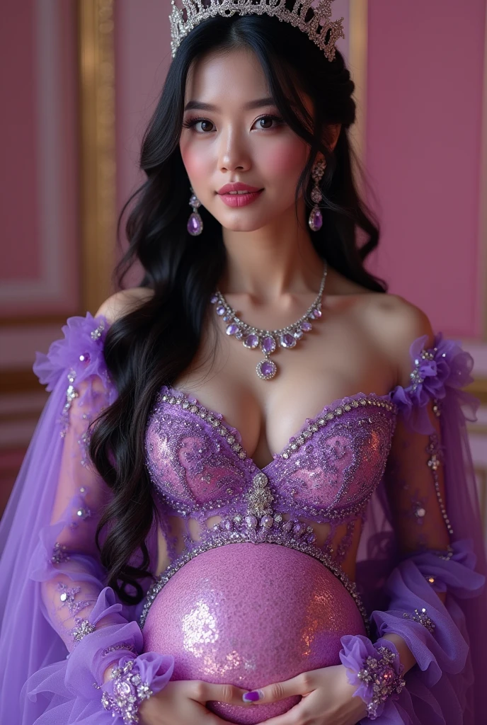 ((Highest quality、Flying debris、8k、Best image quality、Extremely intricate and detailed))、(The most gorgeous high-end prostitute princess:1.1)、(The most gorgeous prostitute princess' finest outfit:1.1)、The most vibrant and luxurious prostitute costumes、(An unimaginably luxurious goddess' room:1.1)、(Sparkly purple and pink princess room:1.1)、The most luxurious purple and pink room、Purple and pink gemstones、A glittering room decorated with many jewels、Night room、Very intricate decoration、A very transparent goddess' room、Perfect Makeup、Long eyelashes、lipstick、Pink Eyeshadow、Perfect Anatomy、Ultra-high definition glossy skin、Ultra-high definition glossy lips、Ultra HD Hair、Ultra high definition beauty face、Ultra-high definition sparkling eyes、Long Hair、(A beautiful, captivating smile staring at me:1.1)、pregnancy
