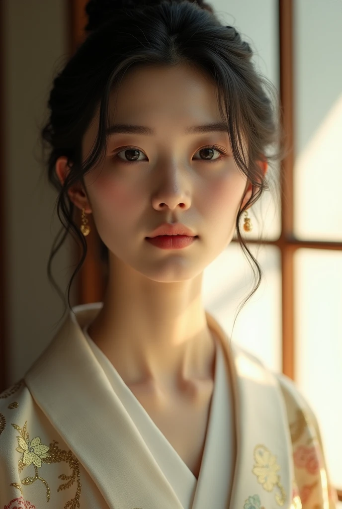 An elegantly dressed Japanese woman in natural light、A close-up of her chest and calm expression.、It shows her inner peace and outer charm.。