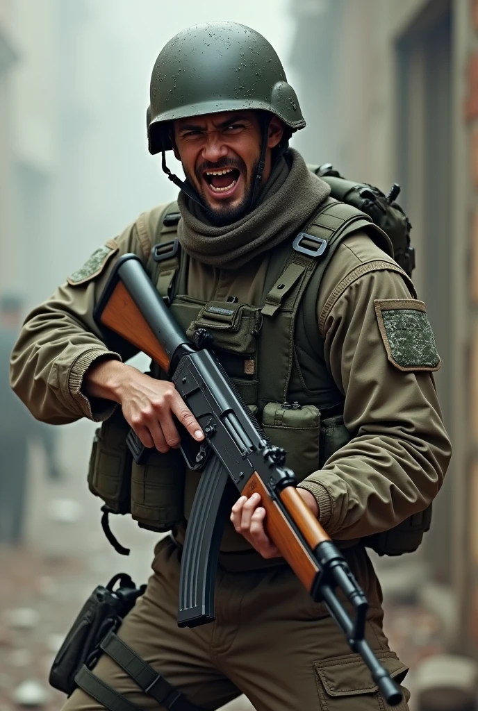 Make image of an qarmy boy with open mouth littel agressive face fair skin wearing helmet age 25 holding gun in his HAND STANDING STRAIT ak 47
Use this immage only but not with cartoon look
And full sleves
And agressive look not a cartoon real time human