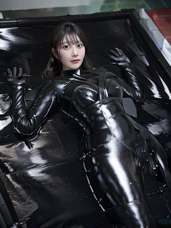 A Japanese woman in her 30s wrapped from the neck down in a vacuum bed,Big Breasts,Black Rubber Suit,Wavy brown long hair