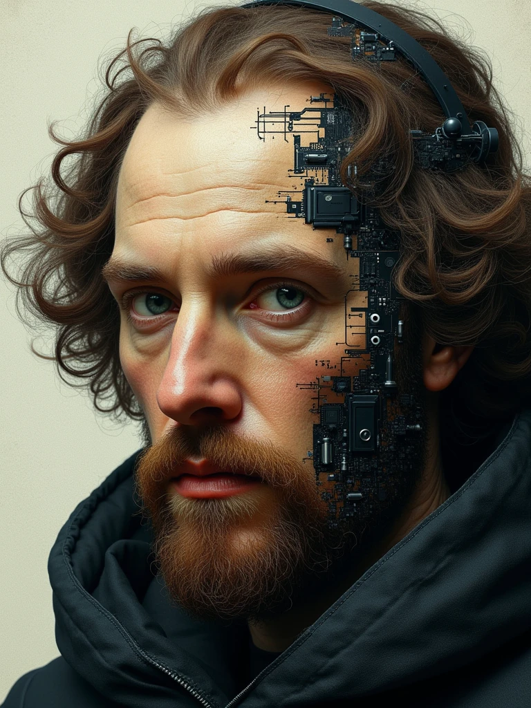 Concept art of Albrecht Dürer's face looking like a programmer