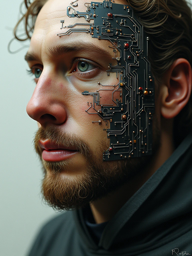 Concept art of Albrecht Dürer's face looking like a programmer