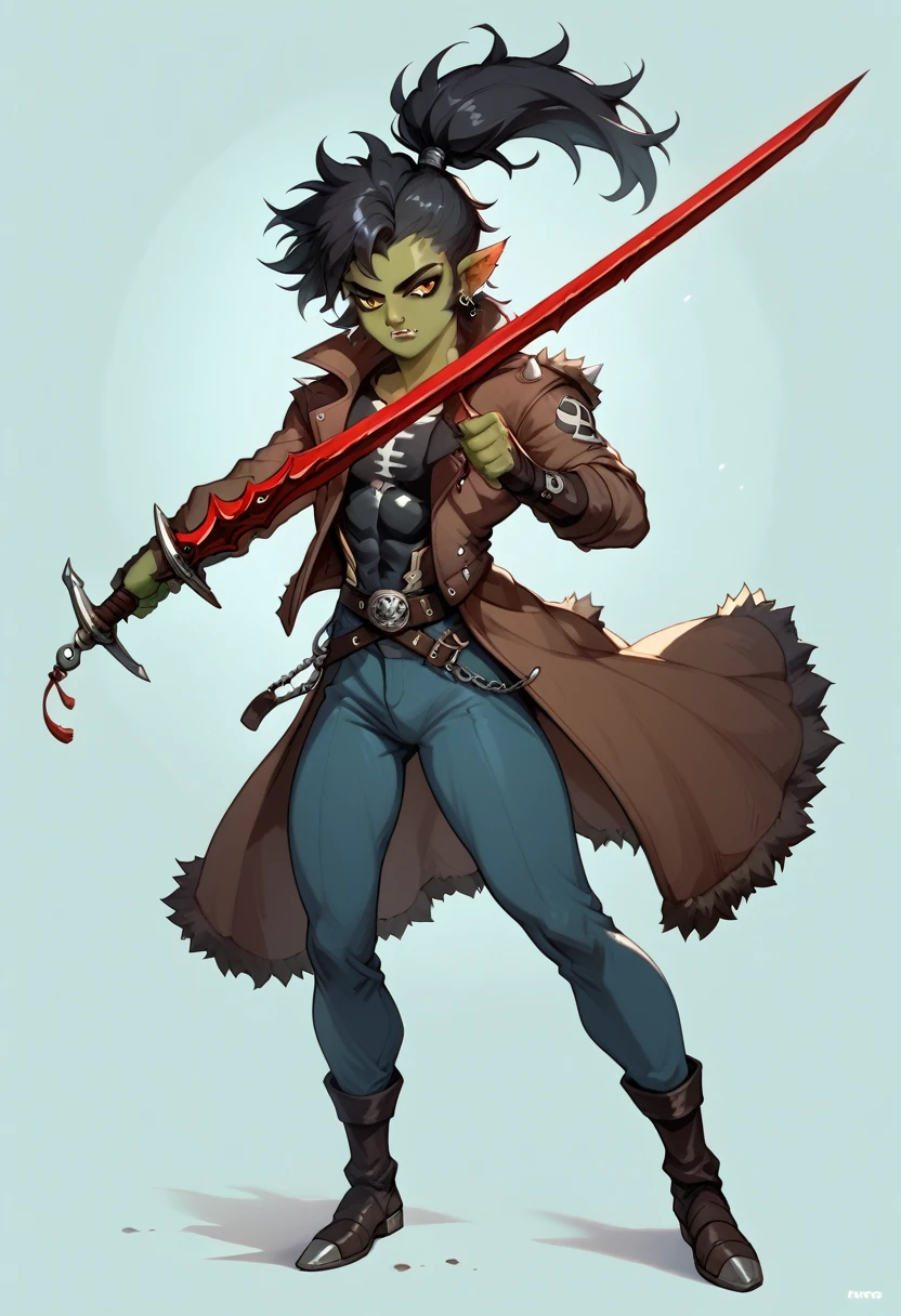  a Young adult berserker half orc jacked femboy dnd marauder jade skin, equipped with a black blade curse sword,thick,adventurer suit,fur coat in an 90’s style. He’s a young man with long hair,long ponytail messy hair, a serious expression,dynamic poses.The scene has a adventurous,dark mood,Lodoss war/planescape torment/Berserk style and a vibrant tone.