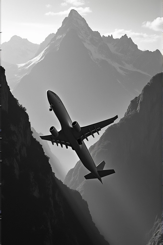 give a black nd withe photo of airplane gonna crash into a beautiful mountain