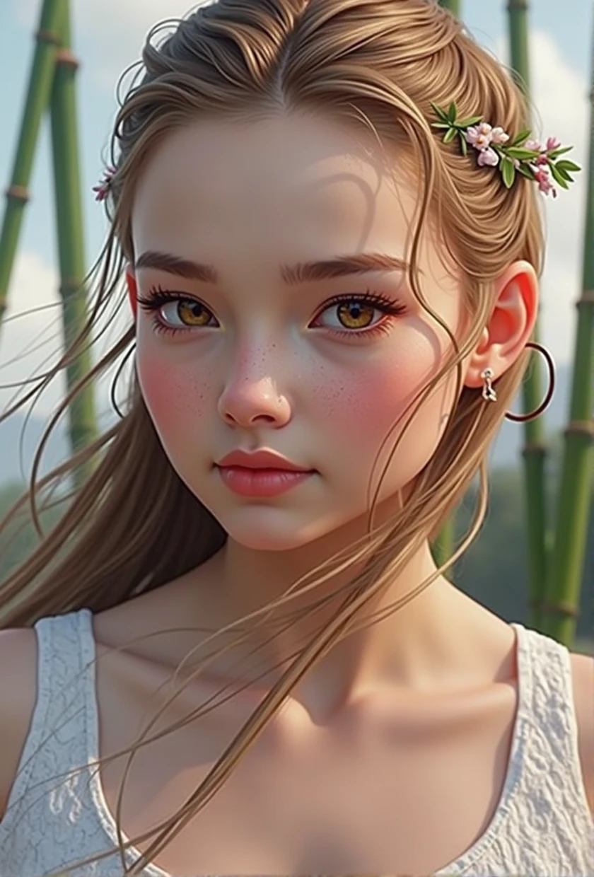 a girl standing in a bamboo forest, long flowing hair,beautiful detailed eyes,beautiful detailed lips,extremely detailed face,longeyelashes,(best quality,4k,8k,highres,masterpiece:1.2),ultra-detailed,(realistic,photorealistic,photo-realistic:1.37),HDR,UHD,vivid colors,portrait,natural lighting,lush green foliage,mist,sunlight filtering through the bamboo,serene atmosphere