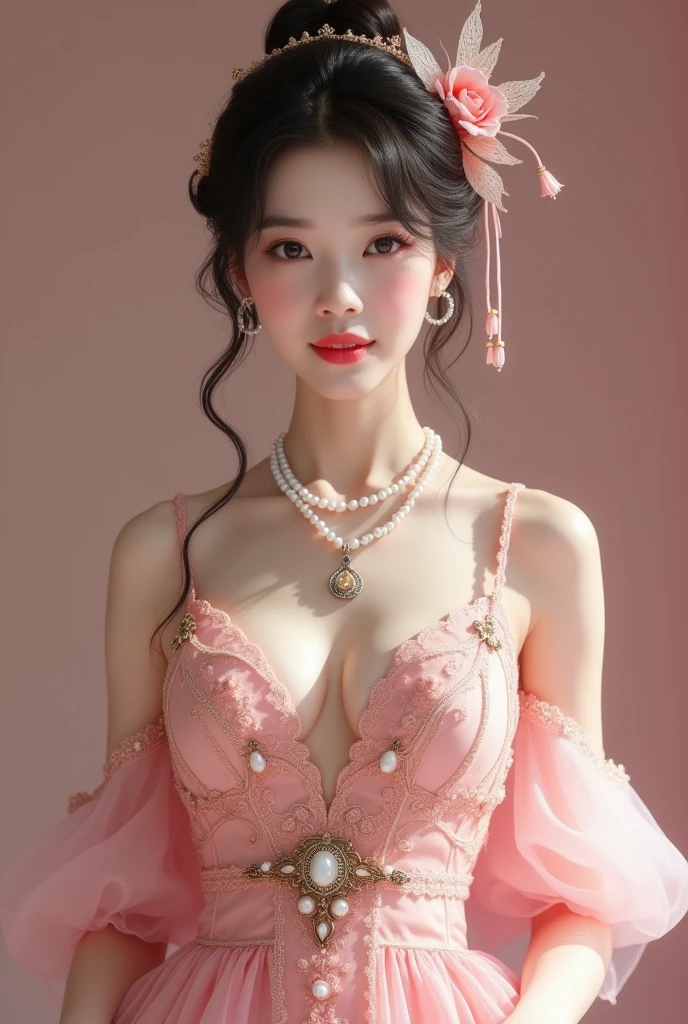 An elegant, mature young woman wearing a pink ta outfit。Full body front view、Asian、The skin is relatively white、Luxurious clothing、Silky transparent lace on the clothes、Gold wire trim、Jewelry decoration、A pearl necklace hangs around her neck。