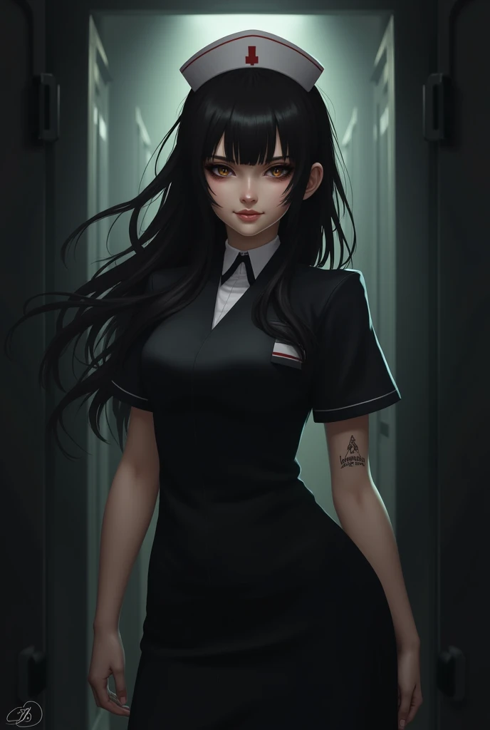 female nurse, long butterfly cut hair , black nurse uniform, dark brown eyes, left cache location, with tattoo on left arm, little breasts