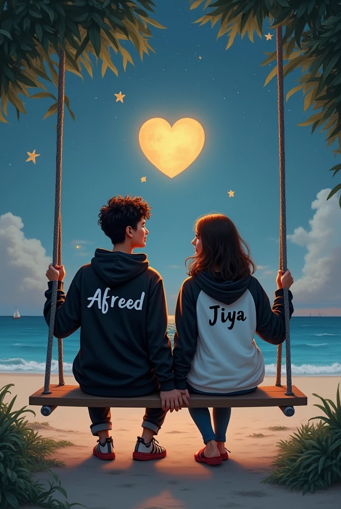 There are 20 Year old couple sitting if front on a swing in the Dubai beach beautiful greenery view, wearing a black and white hoodie,boy with name "Afreed" write on it,girl with name "Jiya" write on it lovely couple, sitting on a moon, heart emoji,holding hands in the moonlight realistic art painting detail photo
