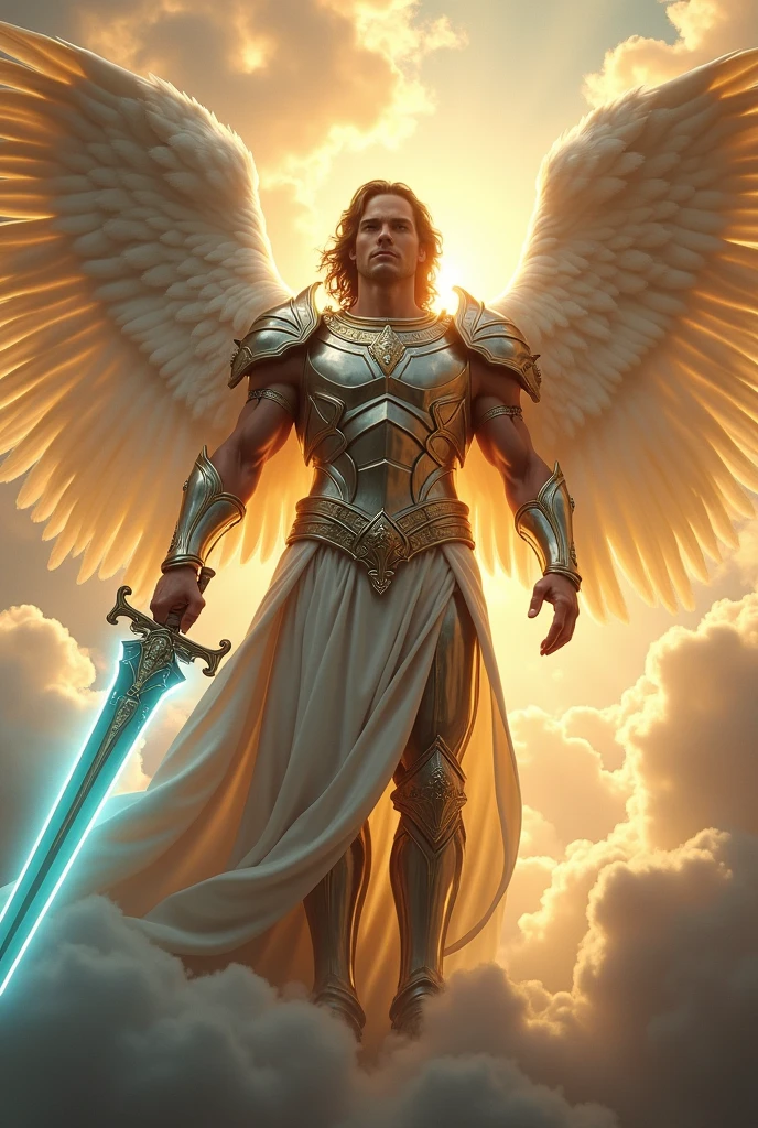 (super realistico) (supreme image quality) (work of art)

"Create an image of Archangel Michael, depicted as a majestic, protective figure with large, resplendent wings. He is dressed in shining armor and holds a sword of light.. cerulean. the background is heavenly, with soft clouds and a golden aura around him. The image must convey power, protection and a sense of divine peace."