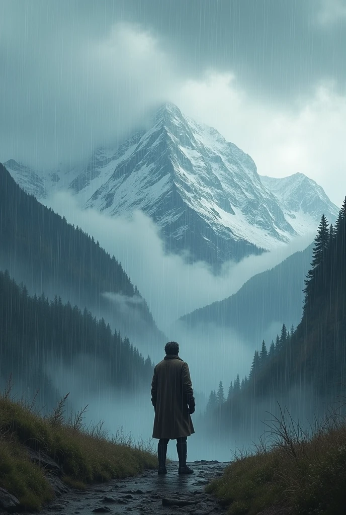 A man standing in the rain in mountains