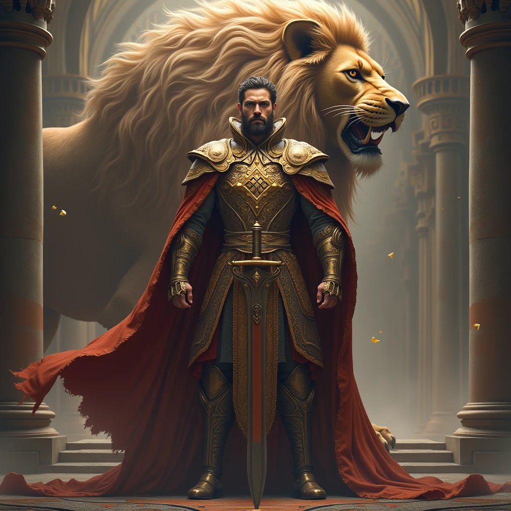 Royal Man with sword and the background is lion with text named Lawrex