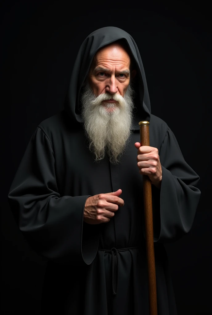 I want an image of Saint Benedict with a black background, Saint Benedict was a bald Catholic monk with a large white beard., he wore a black monk&#39;s robe with a hood over his head, he always walked with his staff