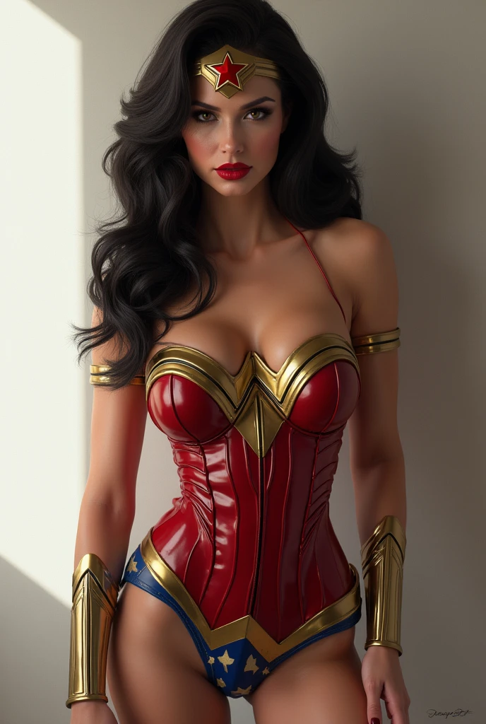 (photorealism:1.2),A beautiful sexy pornstar Angela White, red lipstick,Wonder Woman sexy uniform,(realistic detailed,4k,High resolution,masterpiece:1.2),) HD 